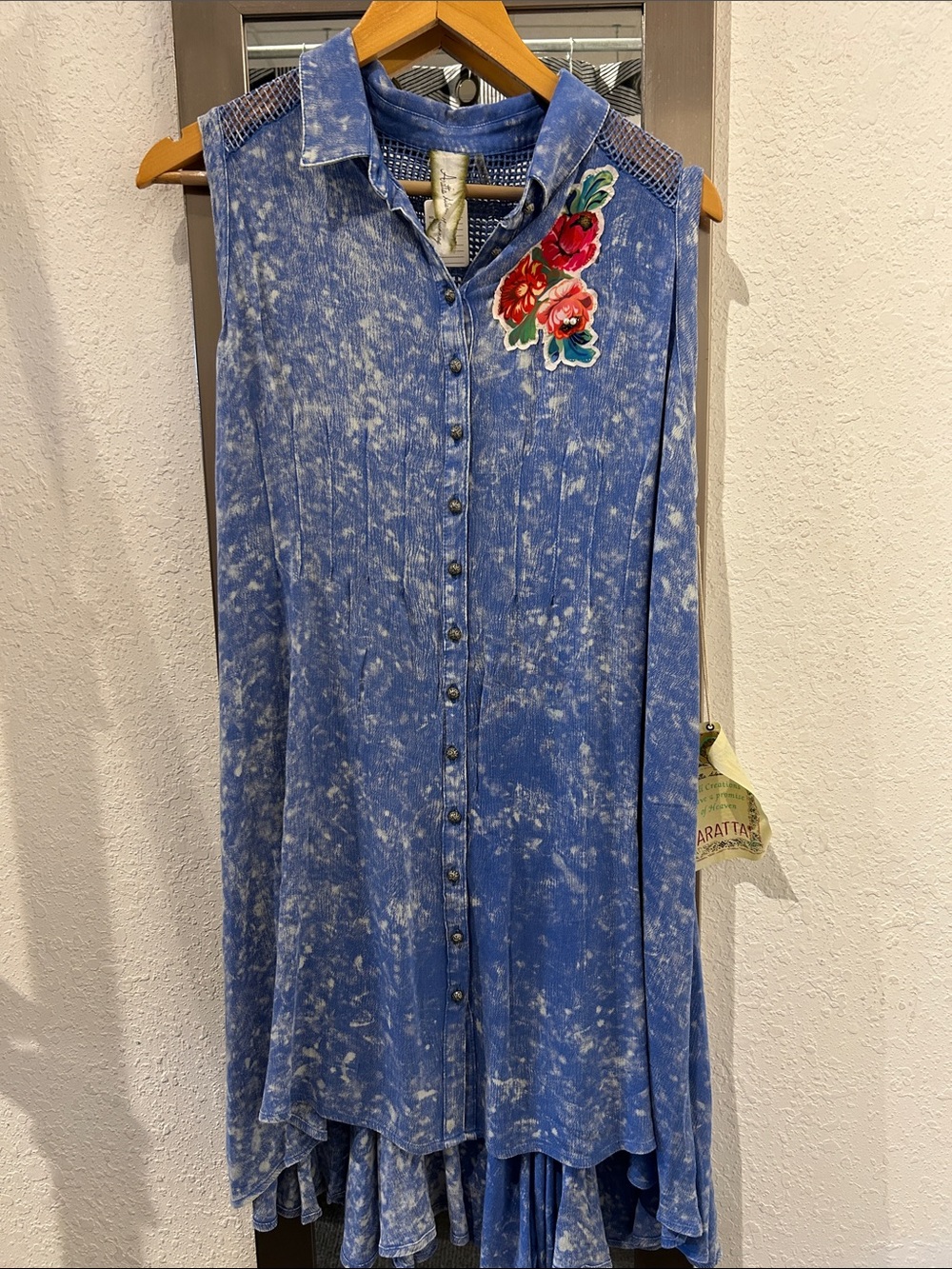 Aratta Blue Acid-Wash Asymmetrical Dress with Red Floral Patch